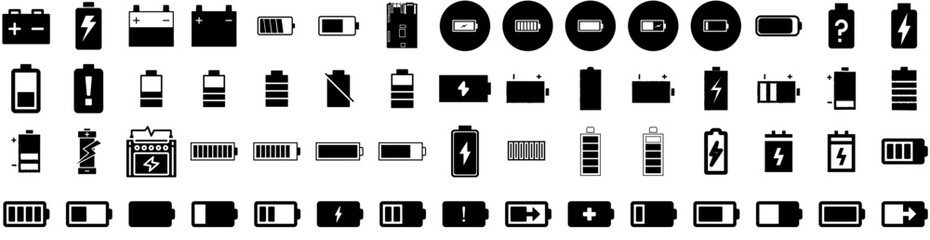 Set Of Battery Icons Isolated Silhouette Solid Icon With Electric, Energy, Technology, Electricity, Industry, Battery, Power Infographic Simple Vector Illustration Logo