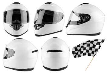 set collection of white motorcycle carbon integral crash helmet isolated in various angles white...