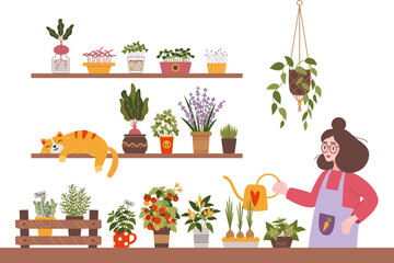 Obraz na płótnie Canvas Woman watering plants at her kitchen garden, cartoon style. Herbs, vegetables and Microgreens, Indoor gardening hobby. Cozy activity. Trendy modern isolated vector illustration, hand drawn, flat