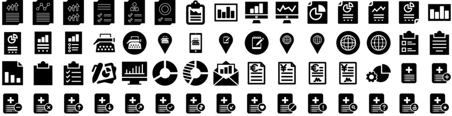 Set Of Report Icons Isolated Silhouette Solid Icon With Chart, Report, Financial, Analysis, Business, Data, Finance Infographic Simple Vector Illustration Logo