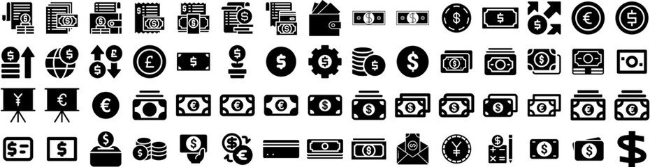 Set Of Currency Icons Isolated Silhouette Solid Icon With Currency, Cash, Exchange, Business, Money, Payment, Finance Infographic Simple Vector Illustration Logo