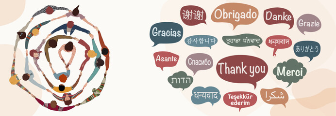 Speech bubbles with text -thank you- in various international languages.Group of people in circle - top view- diverse culture multicultural people from different nations and continents 