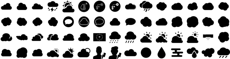 Fototapeta na wymiar Set Of Weather Icons Isolated Silhouette Solid Icon With Rain, Set, Forecast, Cloud, Sun, Sky, Weather Infographic Simple Vector Illustration Logo