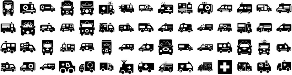 Set Of Ambulance Icons Isolated Silhouette Solid Icon With Vehicle, Car, Transport, Ambulance, Emergency, Rescue, Medical Infographic Simple Vector Illustration Logo