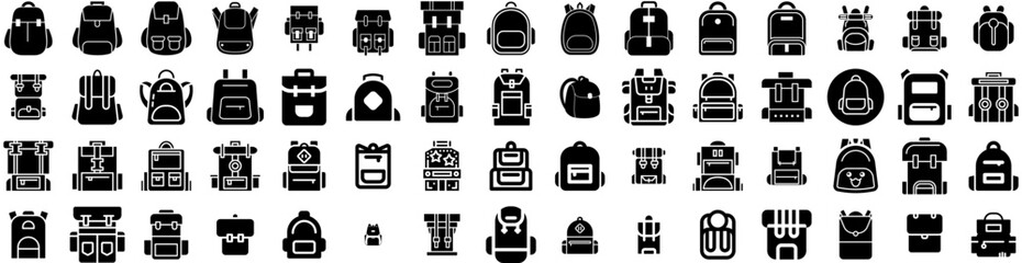 Set Of Backpack Icons Isolated Silhouette Solid Icon With Backpack, Education, Design, Rucksack, School, Bag, Travel Infographic Simple Vector Illustration Logo