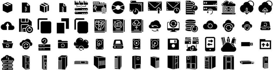 Set Of Backup Icons Isolated Silhouette Solid Icon With Internet, Computer, Cloud, Backup, Technology, Storage, Digital Infographic Simple Vector Illustration Logo