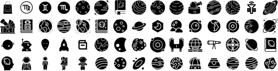 Set Of Astronomy Icons Isolated Silhouette Solid Icon With Astronomy, Cosmos, Universe, Science, Sky, Space, Night Infographic Simple Vector Illustration Logo
