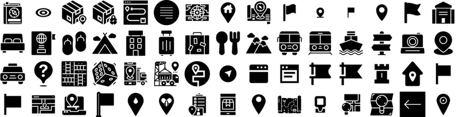 Set Of Destination Icons Isolated Silhouette Solid Icon With Icon, Map, Destination, Tourism, Location, Travel, Symbol Infographic Simple Vector Illustration Logo