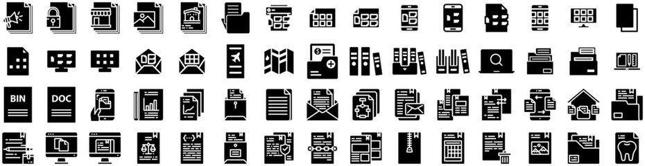 Set Of Files Icons Isolated Silhouette Solid Icon With Document, Management, Business, Office, File, Information, Computer Infographic Simple Vector Illustration Logo