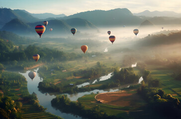 Hot air balloons fly over rural landscape with generative Ai.