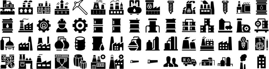 Set Of Industry Icons Isolated Silhouette Solid Icon With Industry, Technology, Manufacturing, Production, Factory, Business, Industrial Infographic Simple Vector Illustration Logo