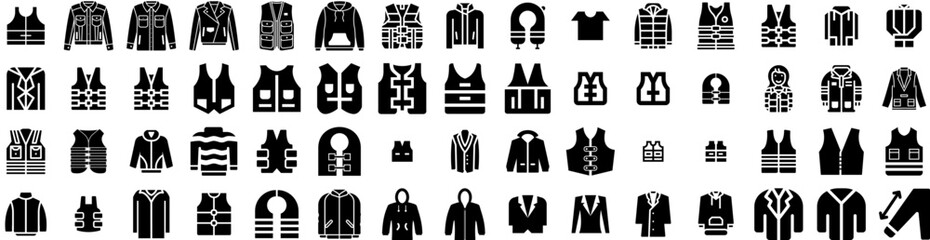 Fototapeta premium Set Of Jacket Icons Isolated Silhouette Solid Icon With Fashion, Clothes, Wear, Illustration, Textile, Isolated, Template Infographic Simple Vector Illustration Logo