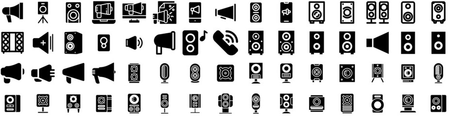 Set Of Loudspeaker Icons Isolated Silhouette Solid Icon With Megaphone, Announce, Loudspeaker, Speaker, Vector, Loud, Speech Infographic Simple Vector Illustration Logo