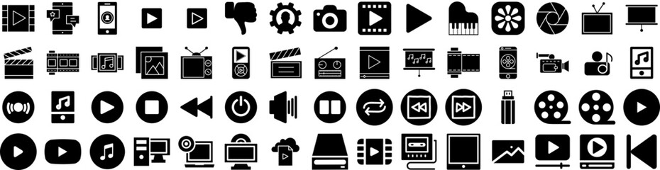 Set Of Media Icons Isolated Silhouette Solid Icon With Social, Internet, Marketing, Network, Media, Web, Business Infographic Simple Vector Illustration Logo