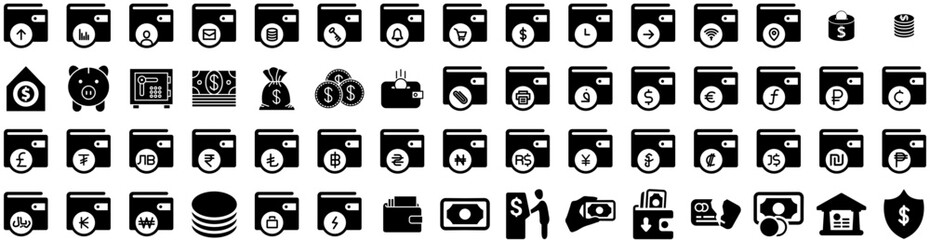 Set Of Money Icons Isolated Silhouette Solid Icon With Currency, Payment, Cash, Finance, Business, Dollar, Money Infographic Simple Vector Illustration Logo
