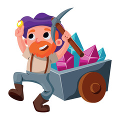 vector cartoon illustration of a happy gold miner old man has found a treasure