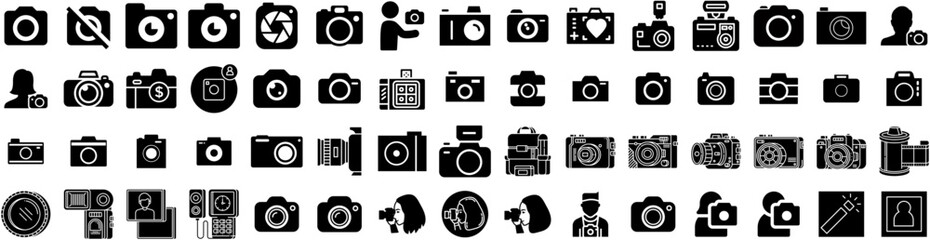 Set Of Photographer Icons Isolated Silhouette Solid Icon With Person, Professional, Photography, Photographer, Photograph, Photo, Camera Infographic Simple Vector Illustration Logo