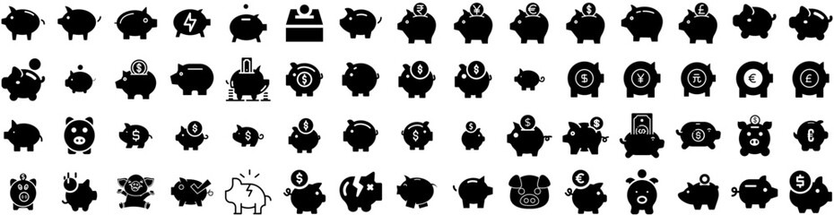 Set Of Piggy Icons Isolated Silhouette Solid Icon With Bank, Coin, Banking, Money, Pig, Economy, Piggy Infographic Simple Vector Illustration Logo