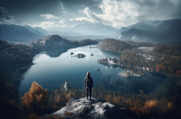 Mountaineer woman observes the views of a sunset on Lake. Generative Ai.
