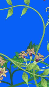 Growing plants, the last 20 seconds is a loop. Vertical video. Flowers and vines animation on blue screen chroma key background, with copy space.