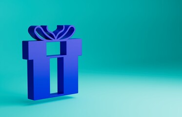Blue Gift box icon isolated on blue background. Valentines day. Minimalism concept. 3D render illustration