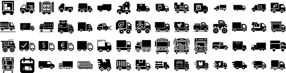 Set Of Truck Icons Isolated Silhouette Solid Icon With Shipping, Cargo, Delivery, Transportation, Transport, Truck, Freight Infographic Simple Vector Illustration Logo