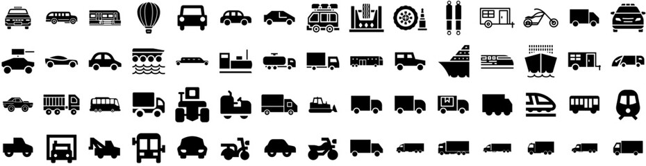 Set Of Vehicle Icons Isolated Silhouette Solid Icon With Auto, Power, Car, Vehicle, Technology, Transport, Battery Infographic Simple Vector Illustration Logo