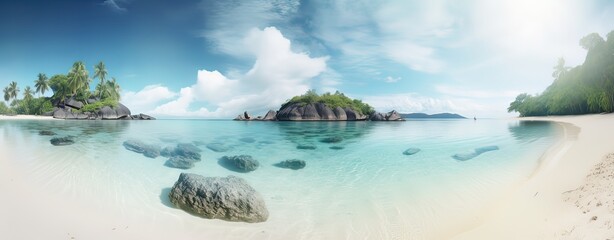 Obraz premium Sky and sun at sea background, ocean and beach vector island scenery empty cartoon. Ocean or sea water with waves and clouds in sky summer blue seascape with cloudy sky and seaside. Generative Ai