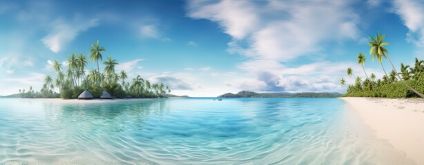 Sky and sun at sea background, ocean and beach vector island scenery empty cartoon. Ocean or sea water with waves and clouds in sky summer blue seascape with cloudy sky and seaside. Generative Ai