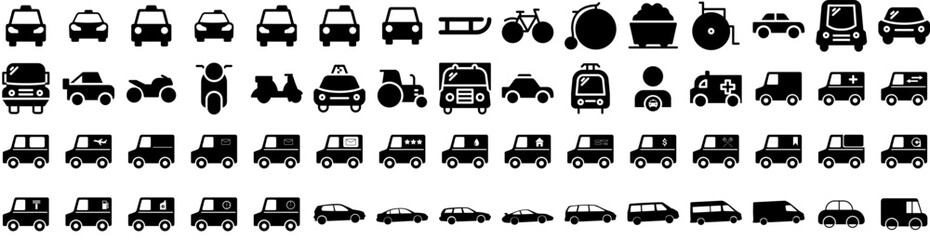 Set Of Vehicle Icons Isolated Silhouette Solid Icon With Vehicle, Battery, Technology, Transport, Car, Auto, Power Infographic Simple Vector Illustration Logo