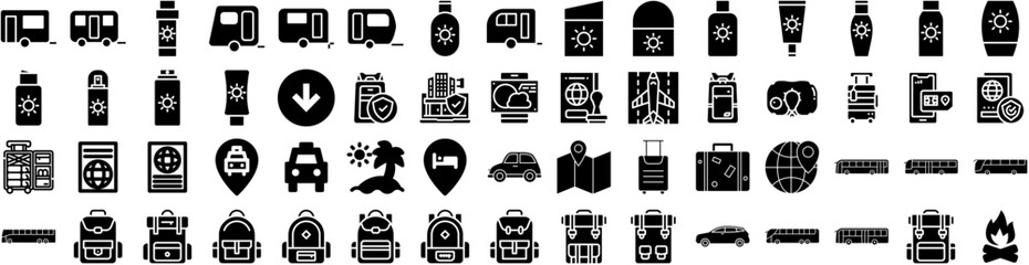 Set Of Travel Icons Isolated Silhouette Solid Icon With Airplane, Journey, Tourism, Travel, Holiday, Vacation, Trip Infographic Simple Vector Illustration Logo