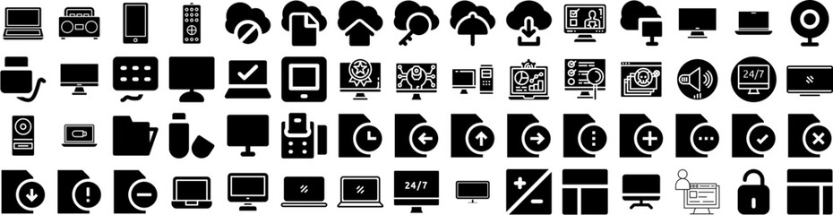 Set Of Computer Icons Isolated Silhouette Solid Icon With Laptop, Modern, Business, Screen, Display, Computer, Technology Infographic Simple Vector Illustration Logo