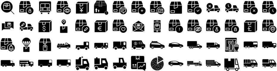 Set Of Delivery Icons Isolated Silhouette Solid Icon With Shipping, Delivery, Courier, Fast, Transport, Order, Service Infographic Simple Vector Illustration Logo