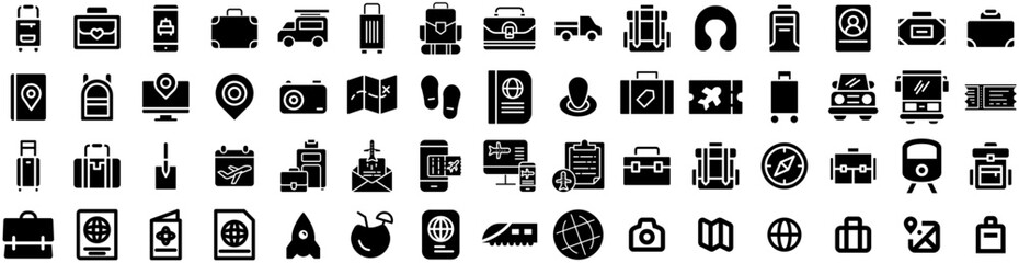 Set Of Travel Icons Isolated Silhouette Solid Icon With Vacation, Airplane, Trip, Tourism, Travel, Holiday, Journey Infographic Simple Vector Illustration Logo