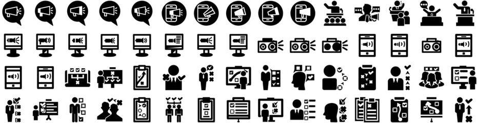 Set Of Marketing Icons Isolated Silhouette Solid Icon With Technology, Media, Communication, Marketing, Business, Digital, Strategy Infographic Simple Vector Illustration Logo