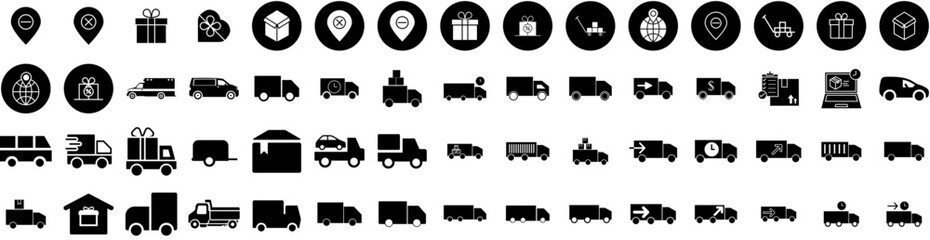 Set Of Delivery Icons Isolated Silhouette Solid Icon With Transport, Courier, Order, Shipping, Delivery, Fast, Service Infographic Simple Vector Illustration Logo