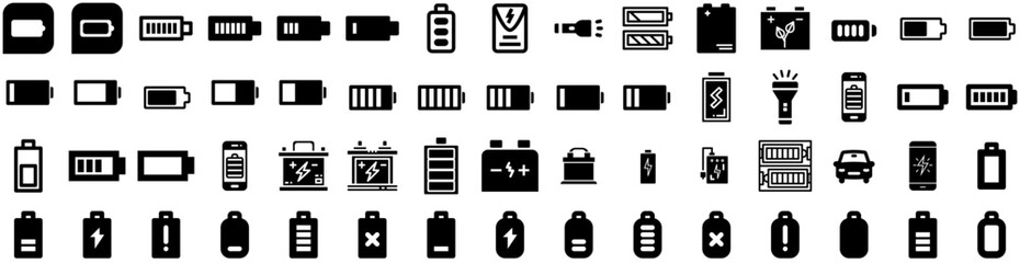 Set Of Battery Icons Isolated Silhouette Solid Icon With Energy, Electricity, Battery, Electric, Power, Industry, Technology Infographic Simple Vector Illustration Logo