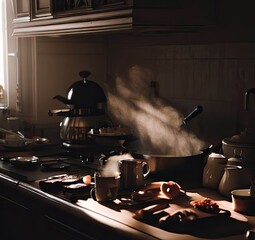 Food on the table, soft light coming through the window, kitchen, cinematic footage