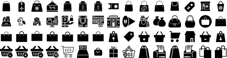 Set Of Shopping Icons Isolated Silhouette Solid Icon With Sale, Discount, Business, Store, Banner, Shop, Buy Infographic Simple Vector Illustration Logo