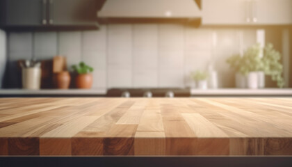 Beautiful empty brown wooden table top and blurred defocused modern kitchen interior background with daylight flare, product montage display. generative ai - obrazy, fototapety, plakaty