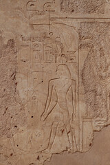 Ancient egyptian wall reliefs and pharaonic symbols carved at Karnak temple in Luxor, Egypt 