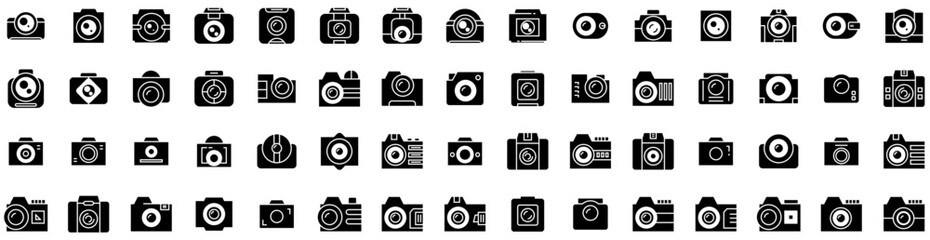 Set Of Camera Icons Isolated Silhouette Solid Icon With Digital, Photo, Photography, Illustration, Camera, Equipment, Lens Infographic Simple Vector Illustration Logo