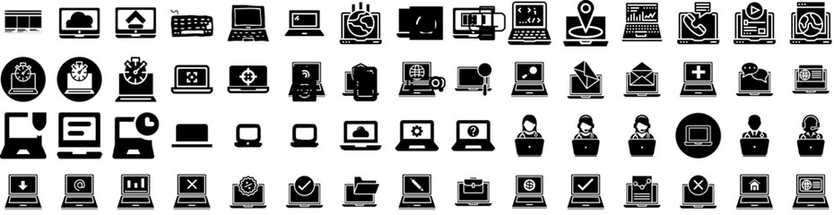 Set Of Laptop Icons Isolated Silhouette Solid Icon With Isolated, Design, Screen, Computer, Laptop, Technology, Notebook Infographic Simple Vector Illustration Logo