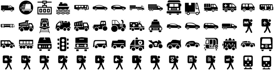 Set Of Transport Icons Isolated Silhouette Solid Icon With Truck, Plane, Transport, Cargo, Ship, Transportation, Traffic Infographic Simple Vector Illustration Logo