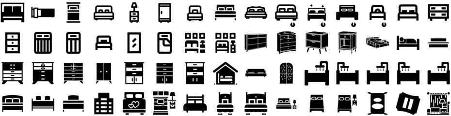 Set Of Bedroom Icons Isolated Silhouette Solid Icon With Bedroom, Bed, Home, Room, Interior, Furniture, Design Infographic Simple Vector Illustration Logo