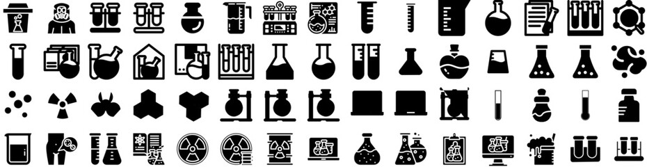 Set Of Chemistry Icons Isolated Silhouette Solid Icon With Science, Research, Scientific, Chemistry, Laboratory, Medical, Medicine Infographic Simple Vector Illustration Logo