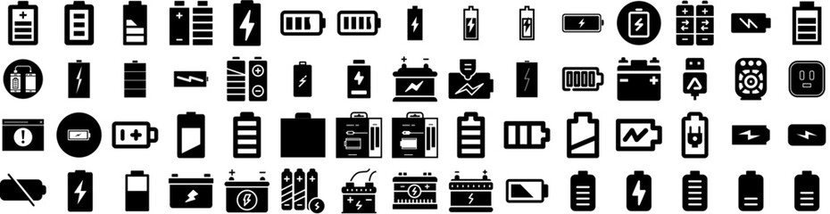 Set Of Charging Icons Isolated Silhouette Solid Icon With Battery, Technology, Power, Charger, Electric, Energy, Vehicle Infographic Simple Vector Illustration Logo