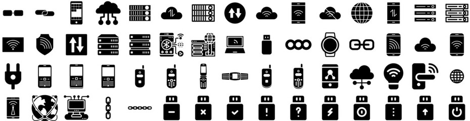 Set Of Connect Icons Isolated Silhouette Solid Icon With Connection, Internet, Connect, Technology, Concept, Communication, Network Infographic Simple Vector Illustration Logo