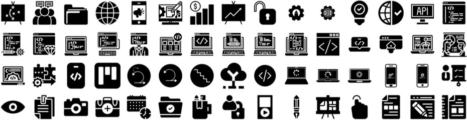 Set Of Development Icons Isolated Silhouette Solid Icon With Digital, Development, Technology, Software, Business, Internet, Computer Infographic Simple Vector Illustration Logo