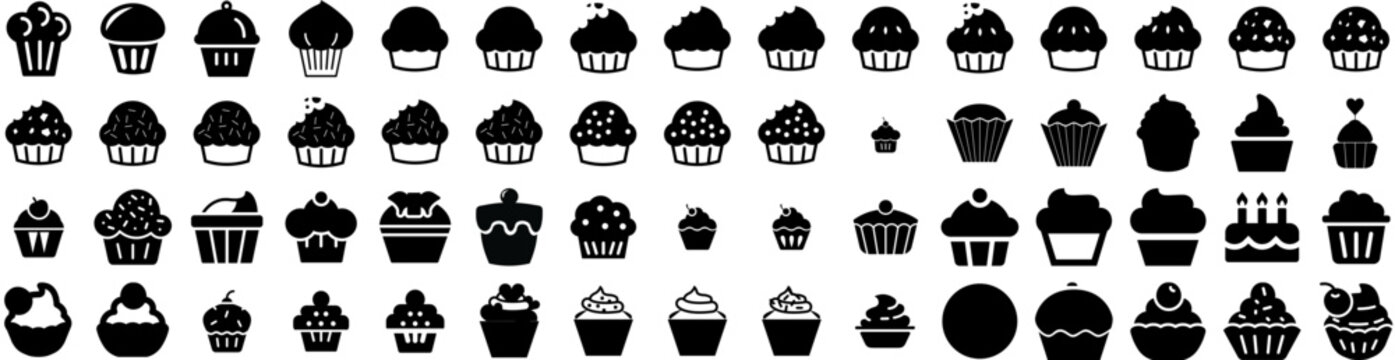 Set Of Cupcake Icons Isolated Silhouette Solid Icon With Frosting, Dessert, Cupcake, Sweet, Isolated, Cake, Food Infographic Simple Vector Illustration Logo